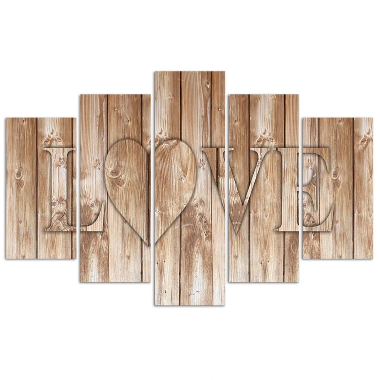 Impression sur toile en 5 parties, Love Inscription Boards Marron 