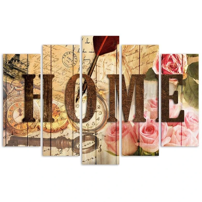 Wandbild 5-teilig, Home Retro Blumen Aufschrift 