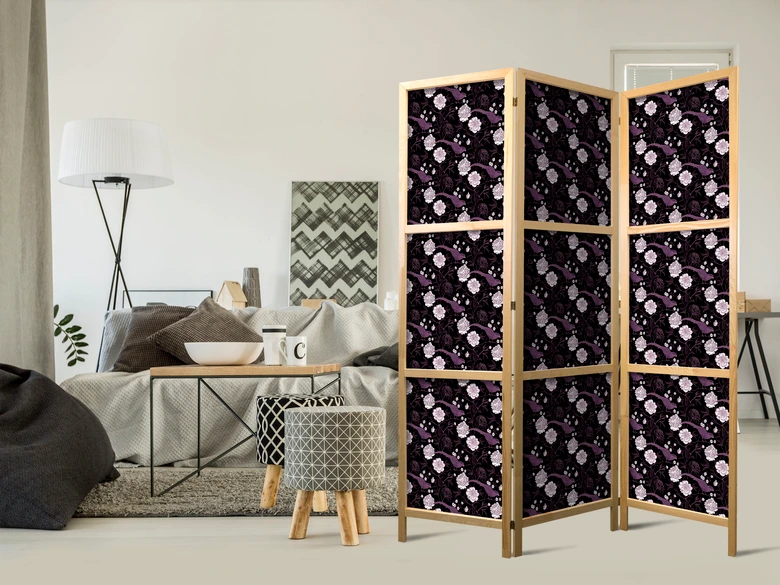 Japanischer Paravent, Raumteiler freistehend, Trennwand - Birds Among Flowers - Purple 