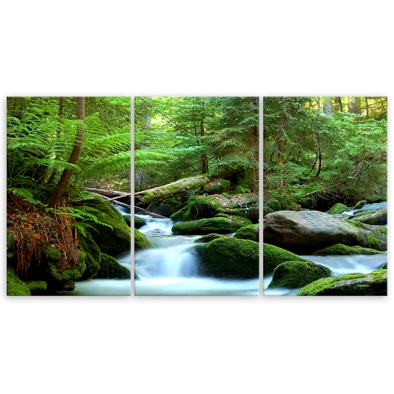 Leinwandbild 3-teilig, Wald Felsen Wasserfall 