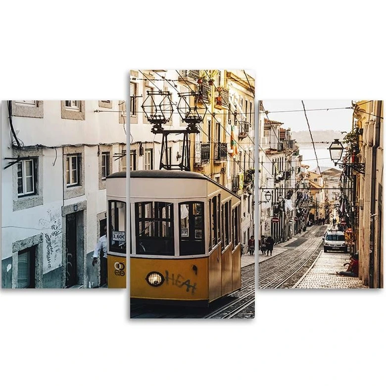 Leinwandbild 3-teilig, Straßenbahn Lissabon Stadt Gelb 