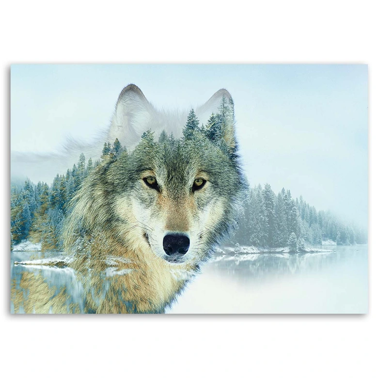 Leinwandbild, Wolf auf einem Berghintergrund 