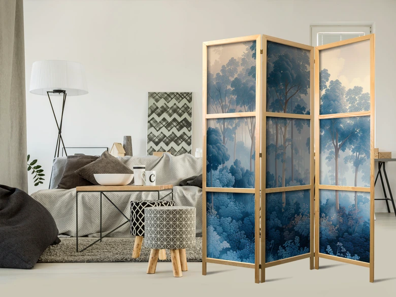 Japanischer Paravent, Raumteiler freistehend, Trennwand - Fairy-Tale Blue Forest 