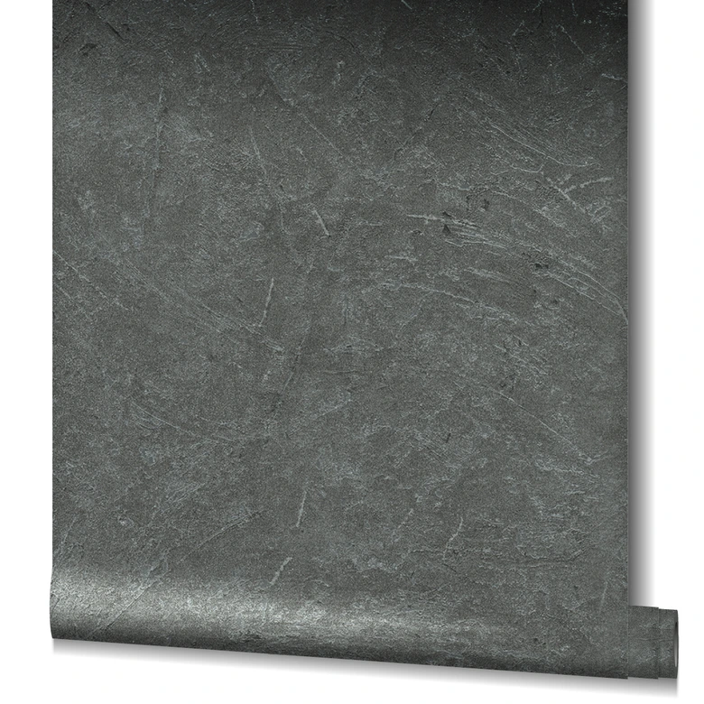 Papier peint intissé aspect essuyé anthracite, argent structuré 