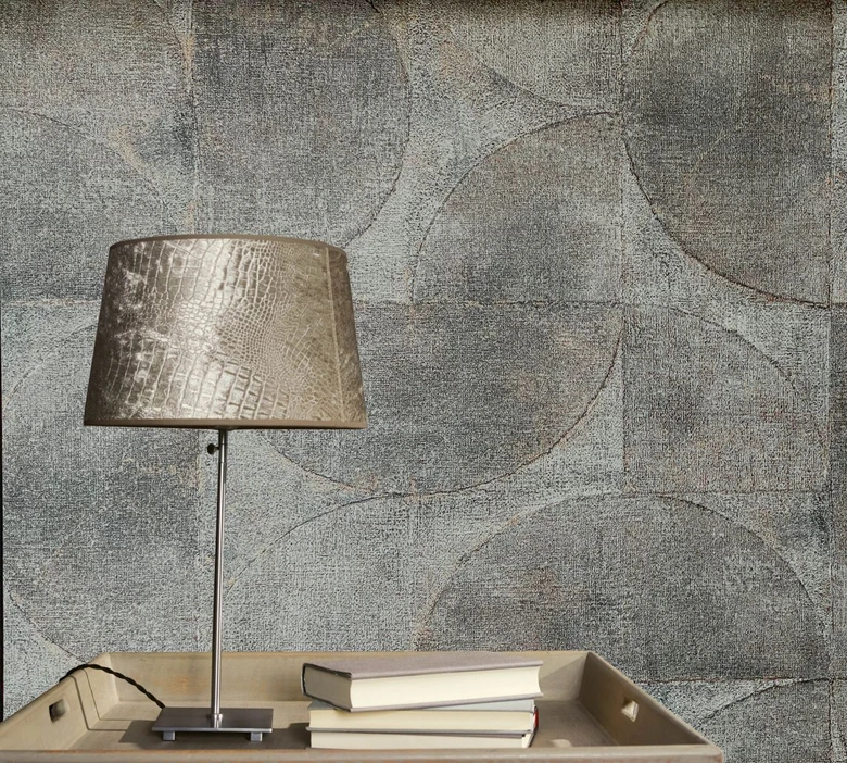 Vliestapete mit Halbkreisen und Rechtecken grau, blau Struktur 