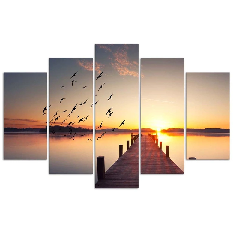 Leinwandbild 5 teilig, Steg Vögel Sonnenuntergang 