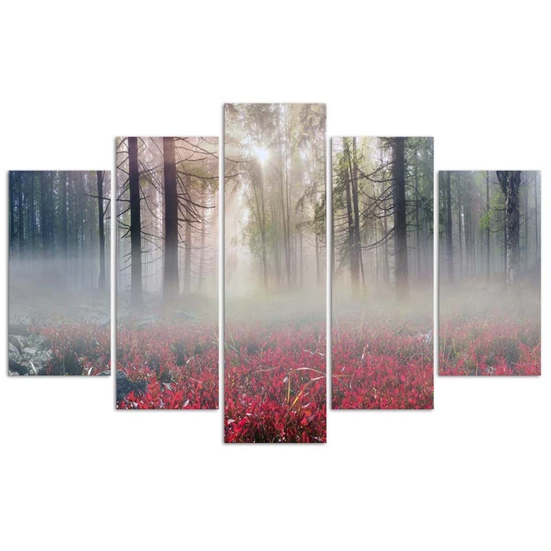 Leinwandbild 5 teilig, Nebel Wald Lichtung Blumen 