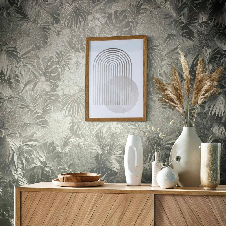 Vliestapete mit glänzenden Blättern metallisch platin Floral 