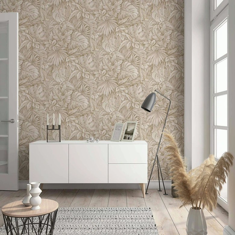 Vliestapete mit strukturiertem Blattmotiv beige Floral 