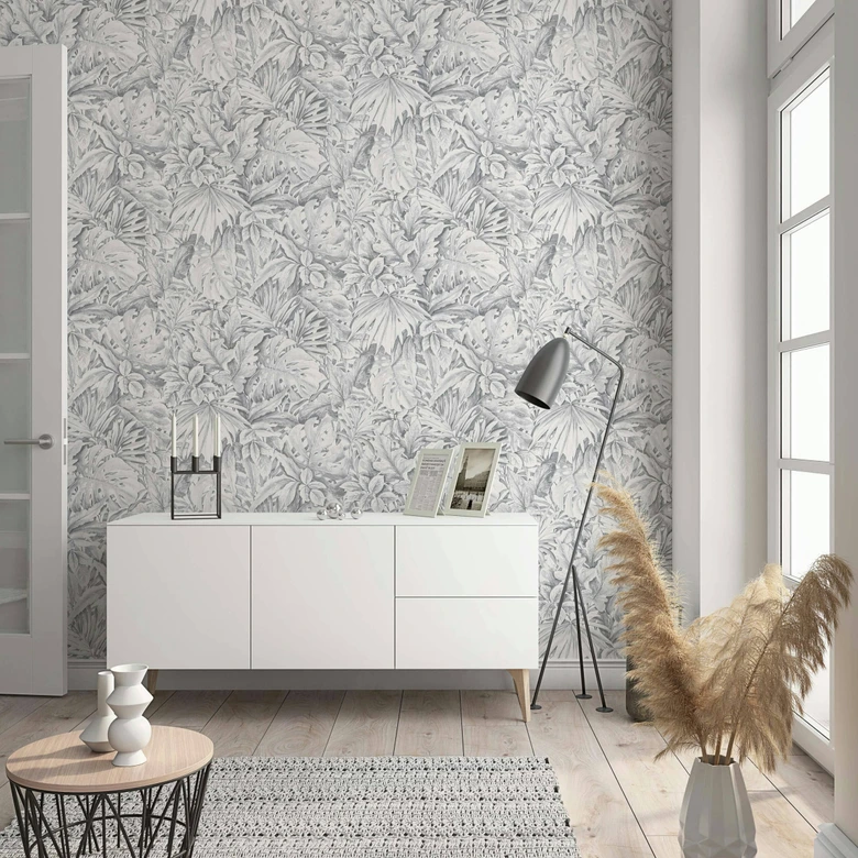 Vliestapete mit strukturiertem Blattmotiv grau Floral 