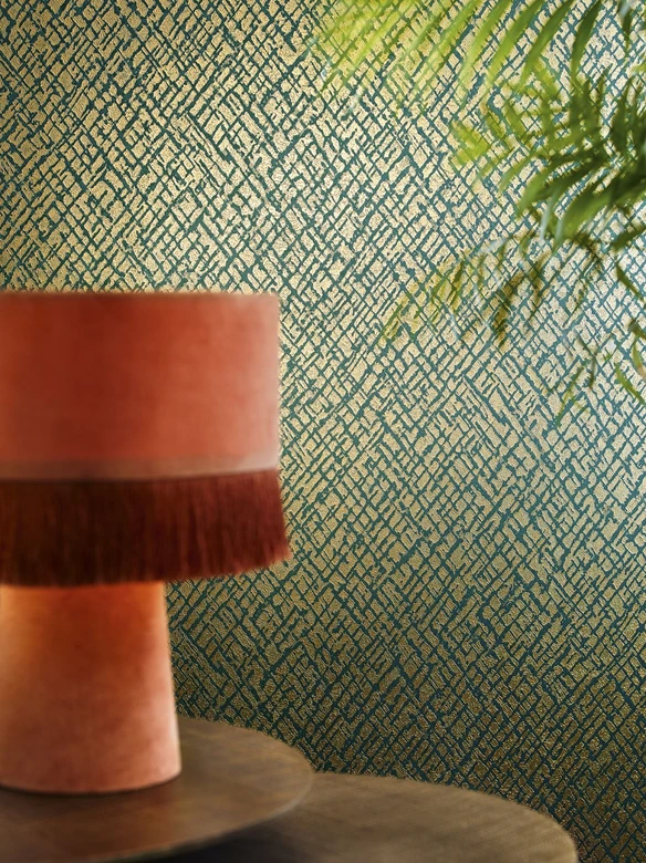 Non-woven tapet med glänsande gittermotiv grön, guldstruktur 