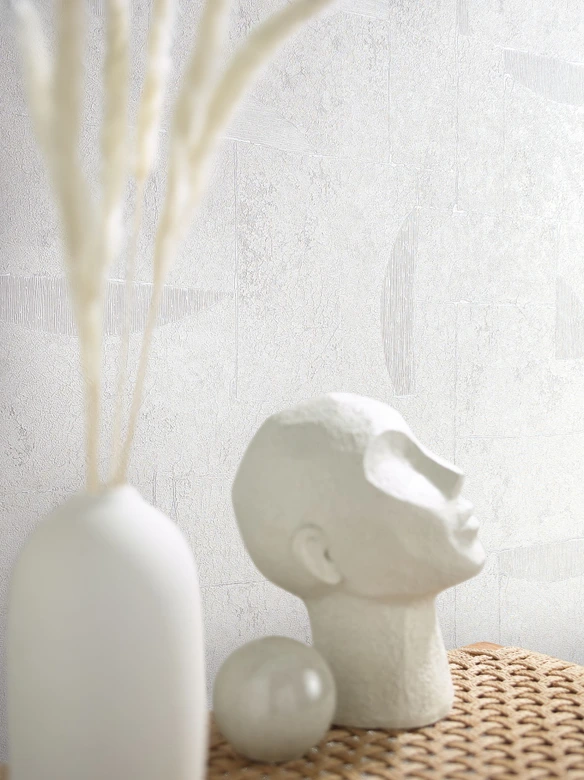 Papel pintado no tejido con aspecto de escayola en gráfico blanco azulejo 