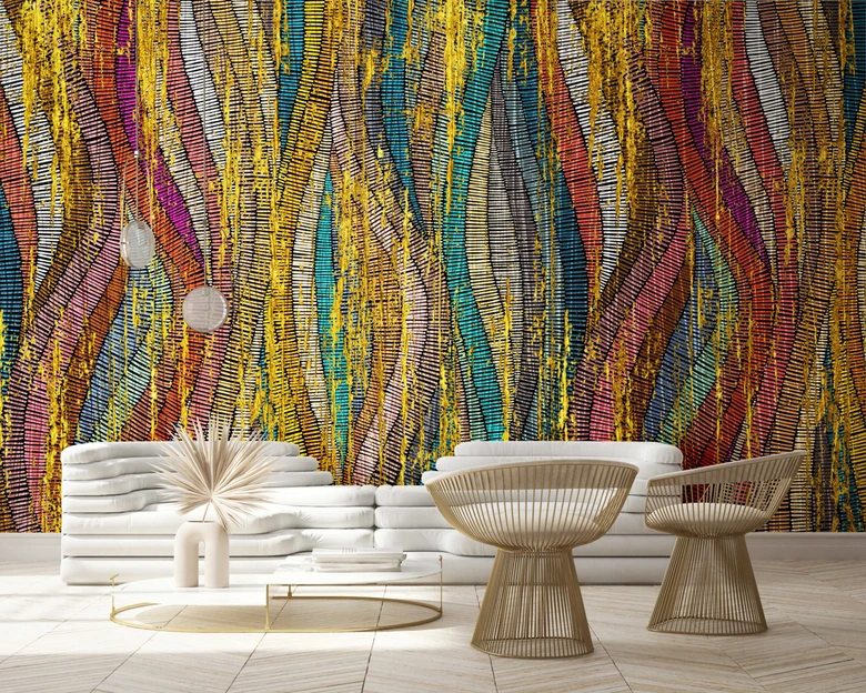 Fotomural con motivo Rayas onduladas de colores con estructura dorada en estilo pop 2,70 x 2,72m 