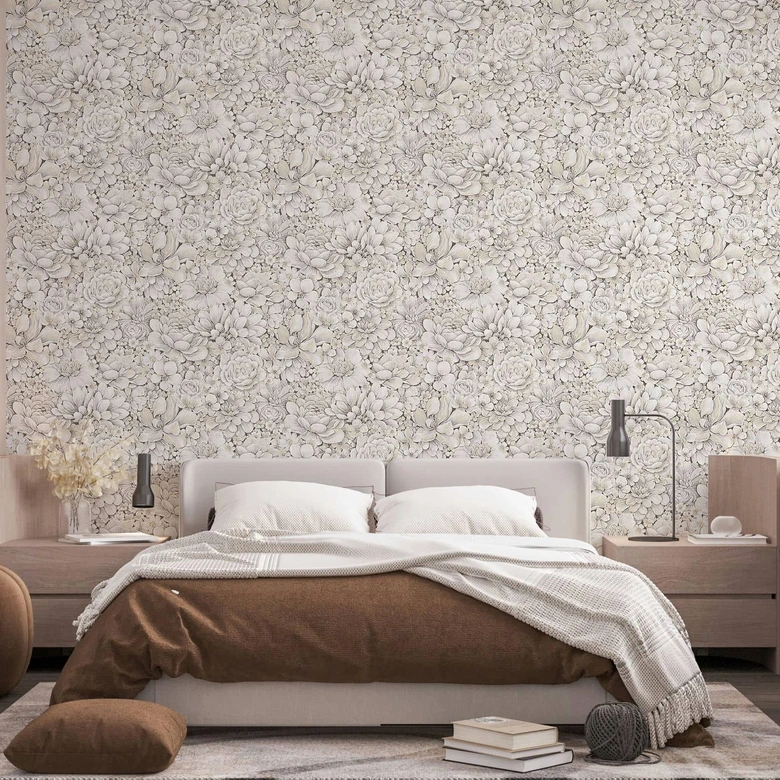 Vliestapete mit stark strukturiertem Blattmotiv greige Floral 