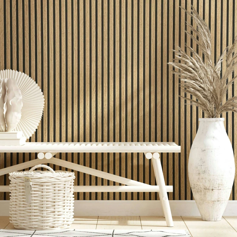 Vliestapete mit Akustikpaneele Optik und leichter Holzmaserung im Skandi Stil braun Streifen 