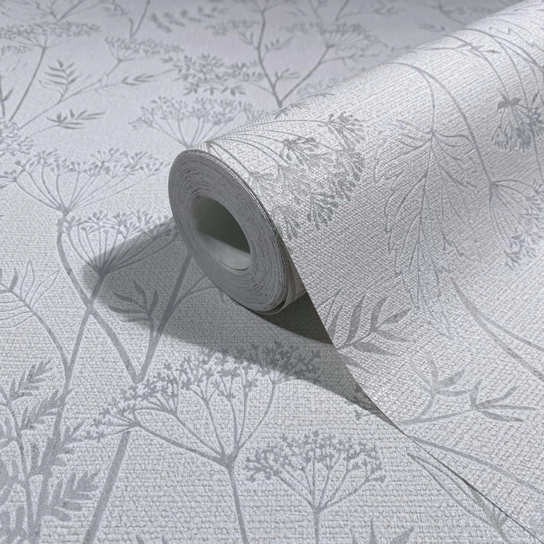 Papel pintado no tejido flores, hojas naturaleza floral en gris 