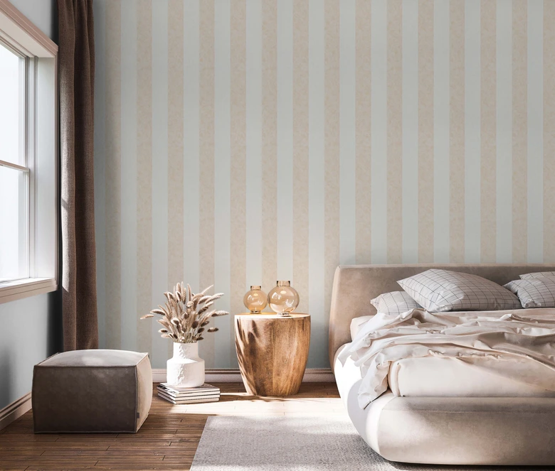 Vliestapete mit Blockstreifen weiß, beige Struktur 