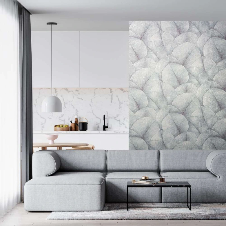 Vliestapete mit großem Blattmotiv grau, blau Floral 