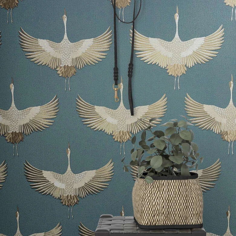 Vliestapete mit Kranichen blau, beige Grafisch 
