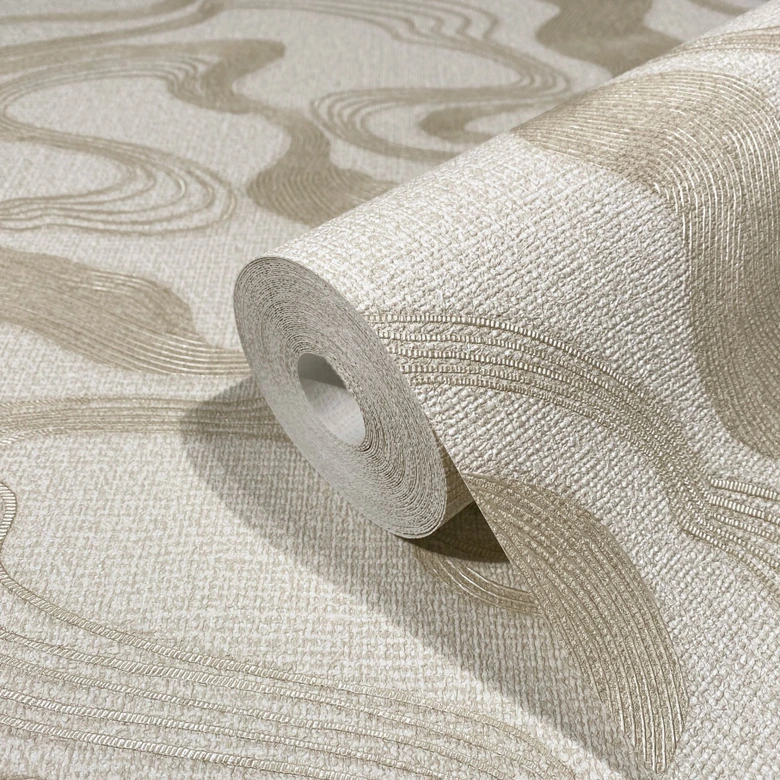 Vliestapete mit Nebelduns in glänzenden Bögen beige Grafisch 