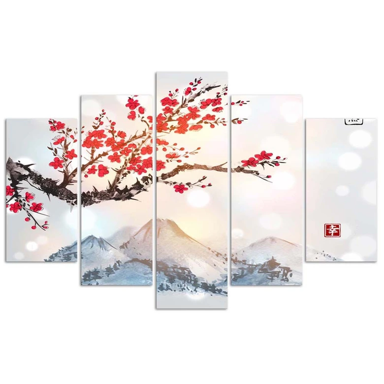 Leinwandbild 5 teilig, Japan Kirschblüte 