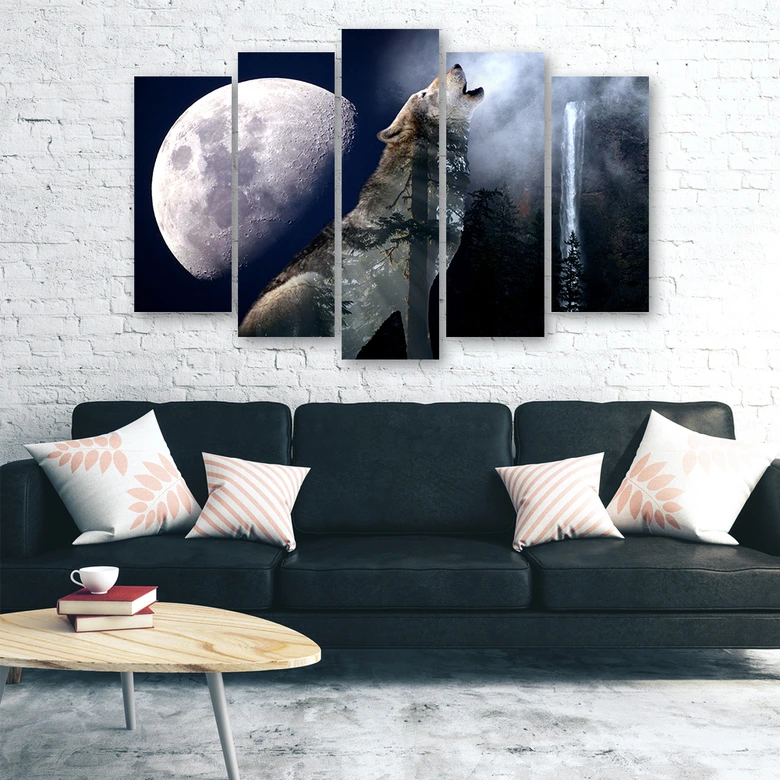 5-delige canvasprint, Wolf Nature Moon Fog 