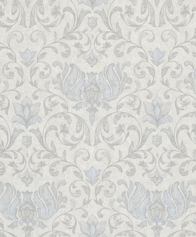 Vliestapete mit Blumen, Blätter ornamental glänzend grau, beige Floral 