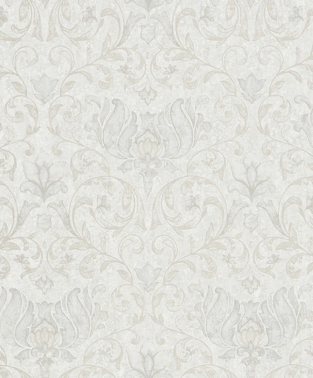 Vliestapete mit Blumen, Blätter ornamental glänzend weiß, grau Floral 
