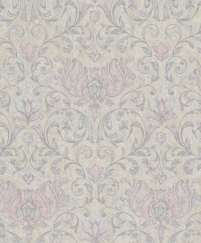Vliestapete mit Blumen, Blätter ornamental glänzend beige, grau Floral 
