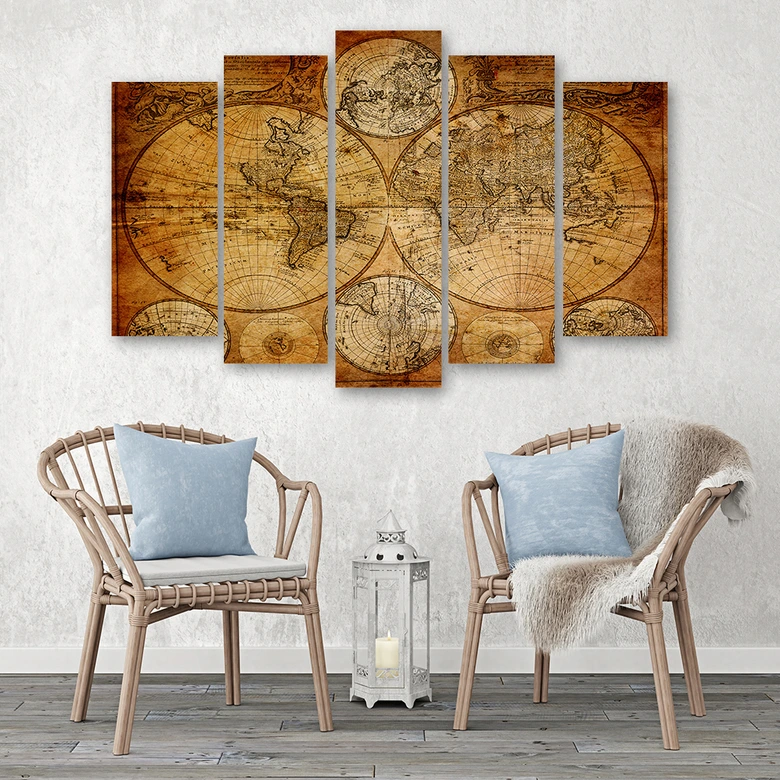 Leinwandbild 5 teilig, Alte Weltkarte Braun 