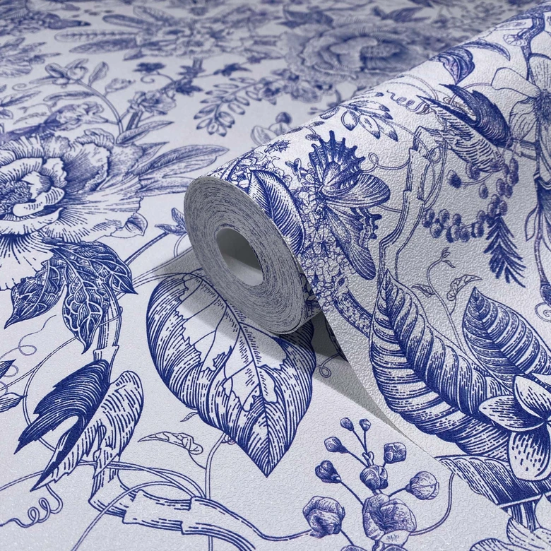 Icke-vävd tapet blommor, blad blommig natur matt i vitt  