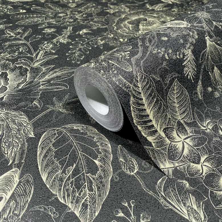 Non-woven wallpaper flowers, leaves floral nature matt in black  