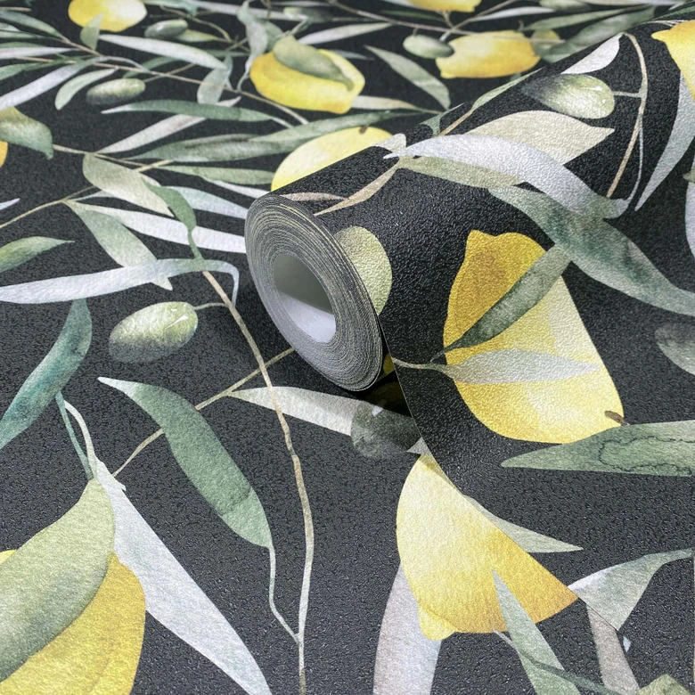Vliestapete Zitronen, Blätter Floral Natur matt in Schwarz  