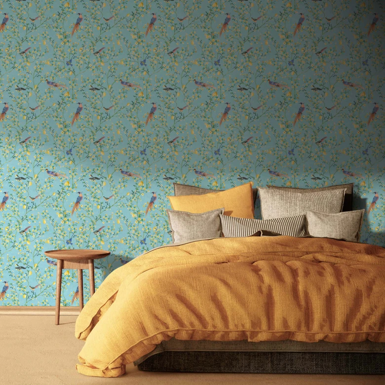 Non-woven wallpaper birds, flowers floral nature matt in blue  