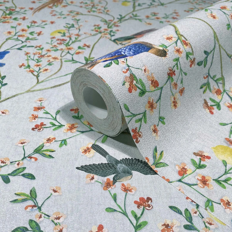 Non-woven wallpaper birds, flowers floral nature matt in gray  
