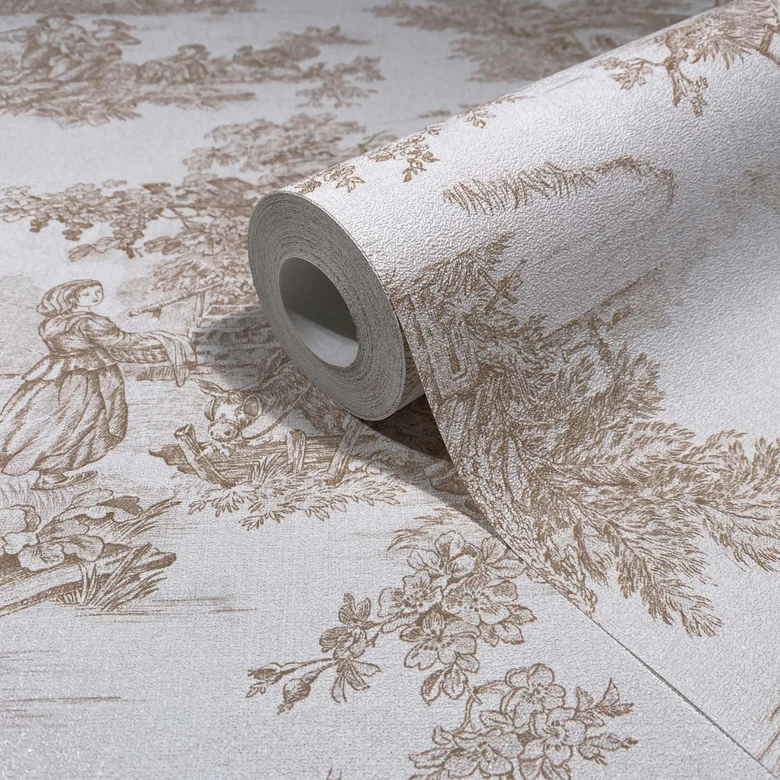 Papier peint intissé paysage, personnes graphique classique mat dans beige  