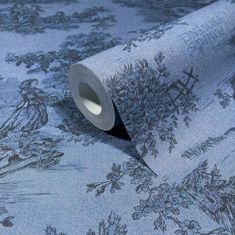 Papier peint intissé paysage, personnes graphique classique mat dans bleu  