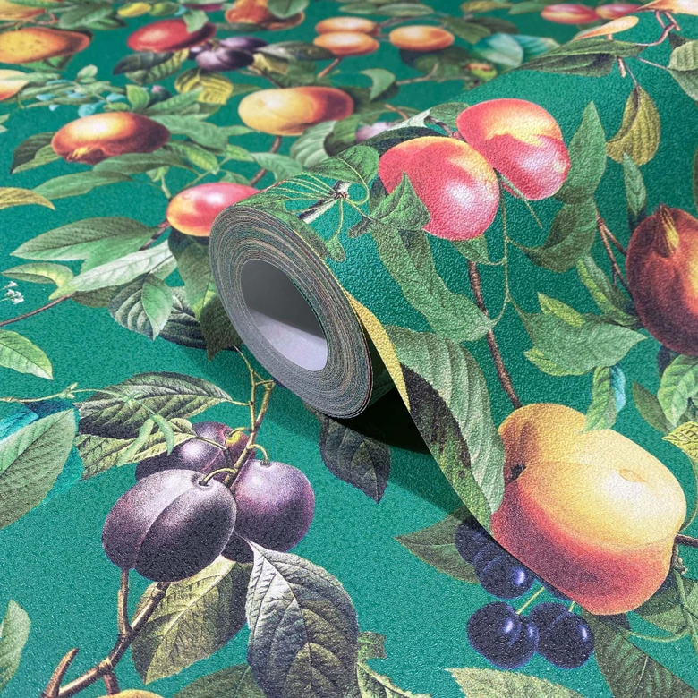 Papel pintado no tejido frutas, hojas naturaleza floral mate en verde  