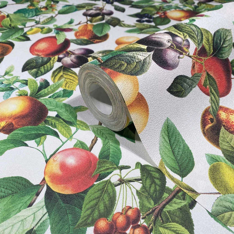 Papel pintado no tejido frutas, hojas naturaleza floral mate en negro  