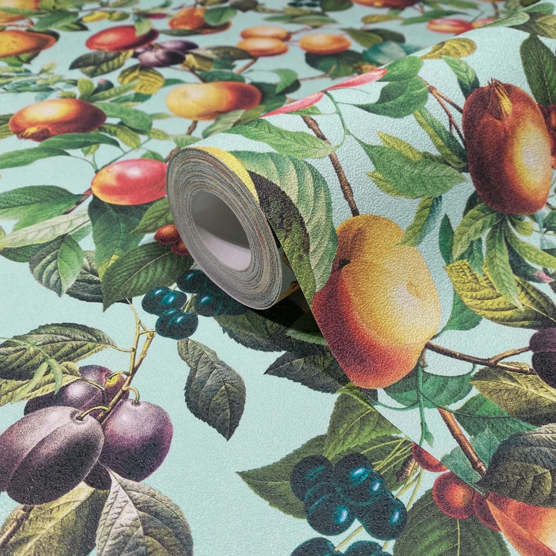 Non-woven wallpaper fruit, leaves floral nature matt in blue  