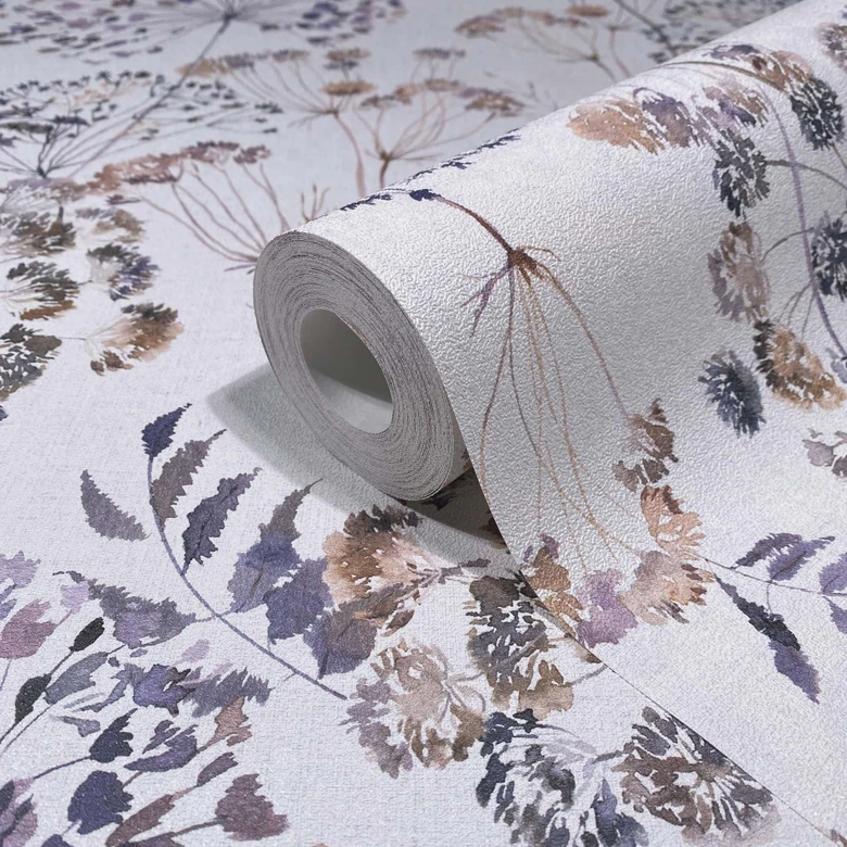 Non-woven wallpaper flowers, leaves floral nature matt in gray  