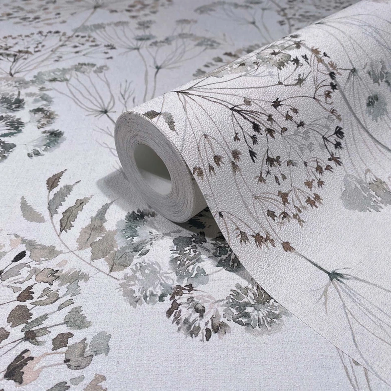 Icke-vävd tapet blommor, blad blommig natur matt i grått  