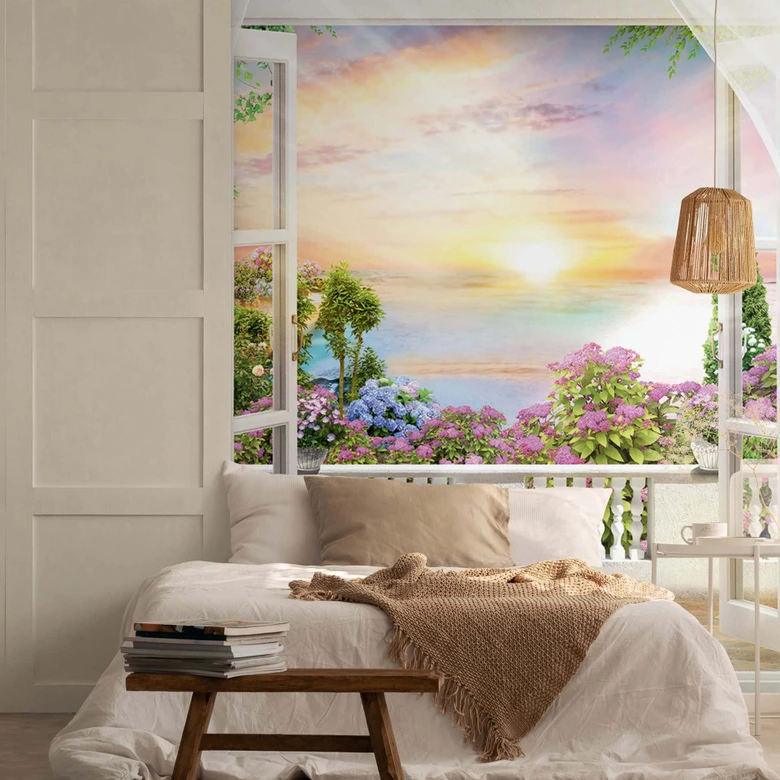 Fotomural puesta del sol, balcón naturaleza gráfica mate en gris 2,70 x 2,12m 