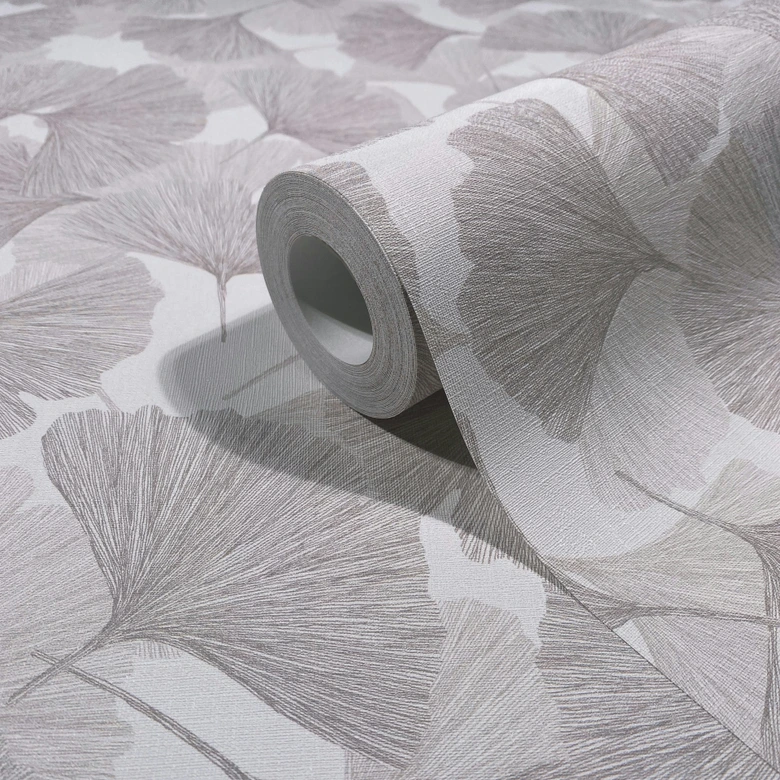 Vliestapete 3D, Blätter Floral Natur matt in Grau Weiß 
