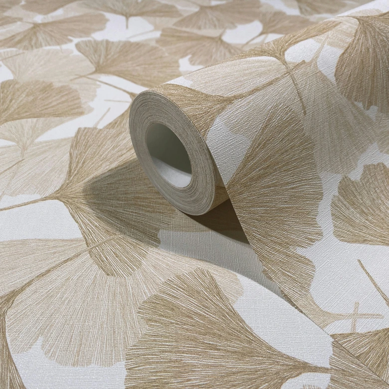 Vliestapete 3D, Blätter Floral Natur matt in Beige 