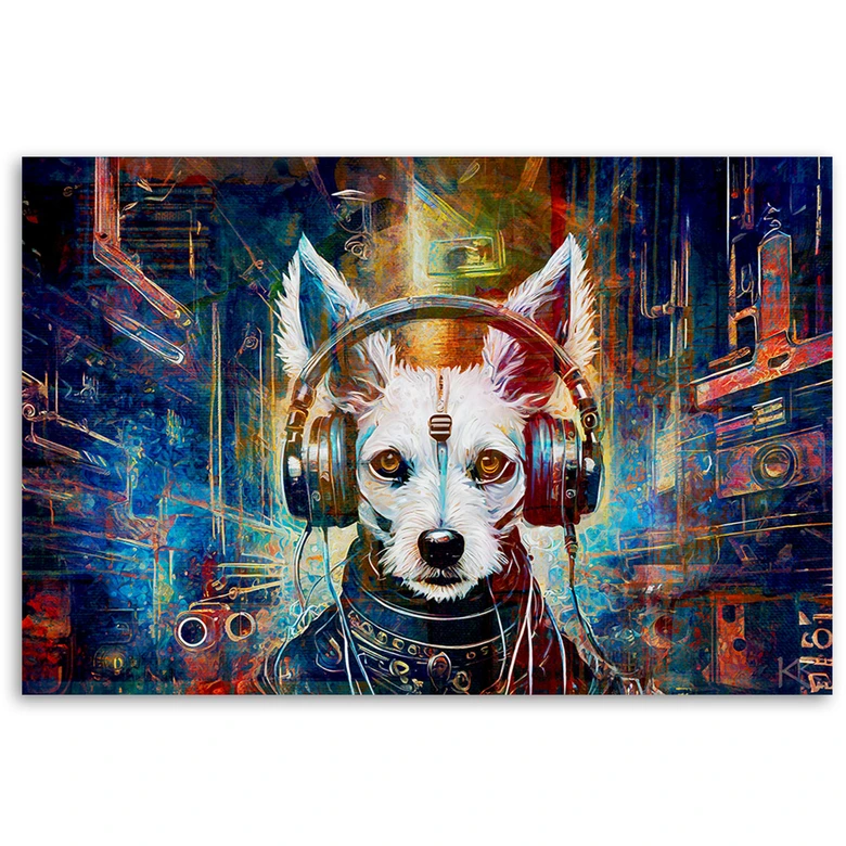 Leinwandbild, Hund im Kopfhörer Abstraktion 