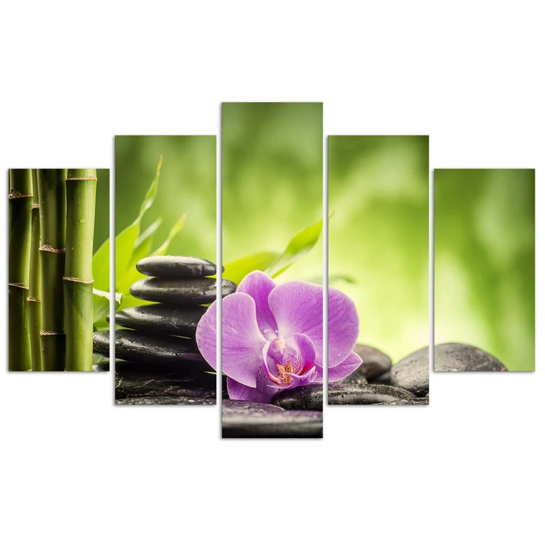 Leinwandbild 5 teilig, Orchideen-Zen-Steine 
