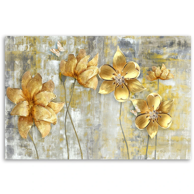 Leinwandbild, Goldene Blumen und Schmetterlinge 