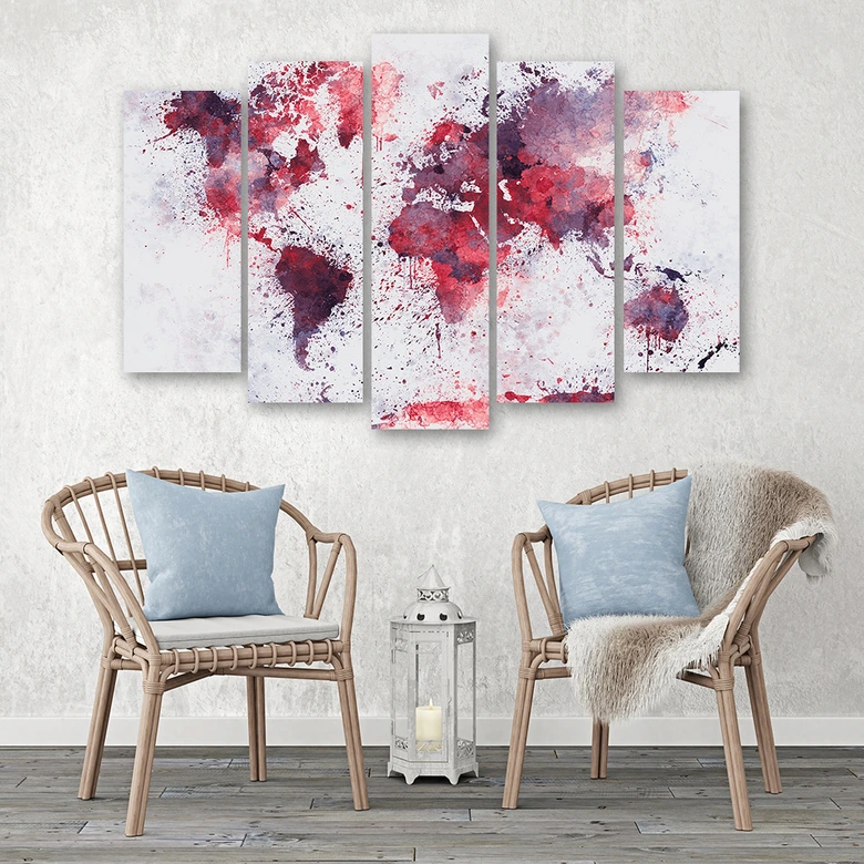 Wandbild 5-teilig, Weltkarte Rot 