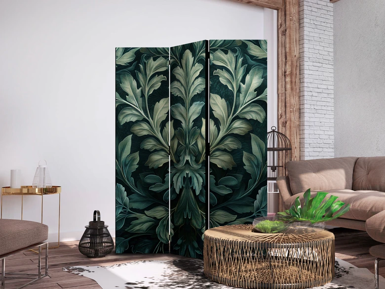 Paravent, Raumteiler freistehend, Trennwand - Dark Green Victorian Leaves - Botanical Carved Composition 